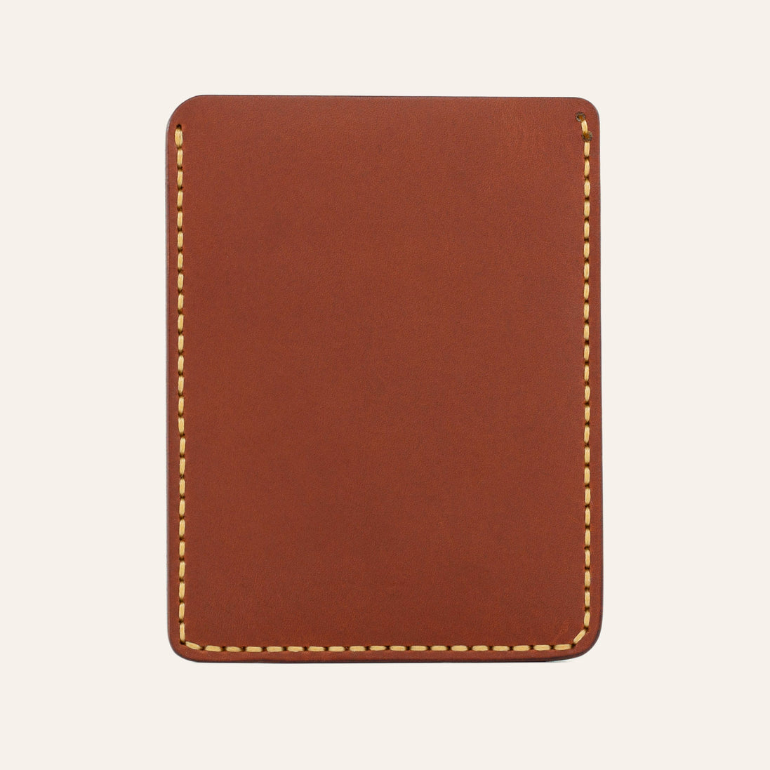MZ Leather Craft kiremit rengi Buttero deri dikey kartlığın sarı el dikiş detaylarını gösteren arka yüzü