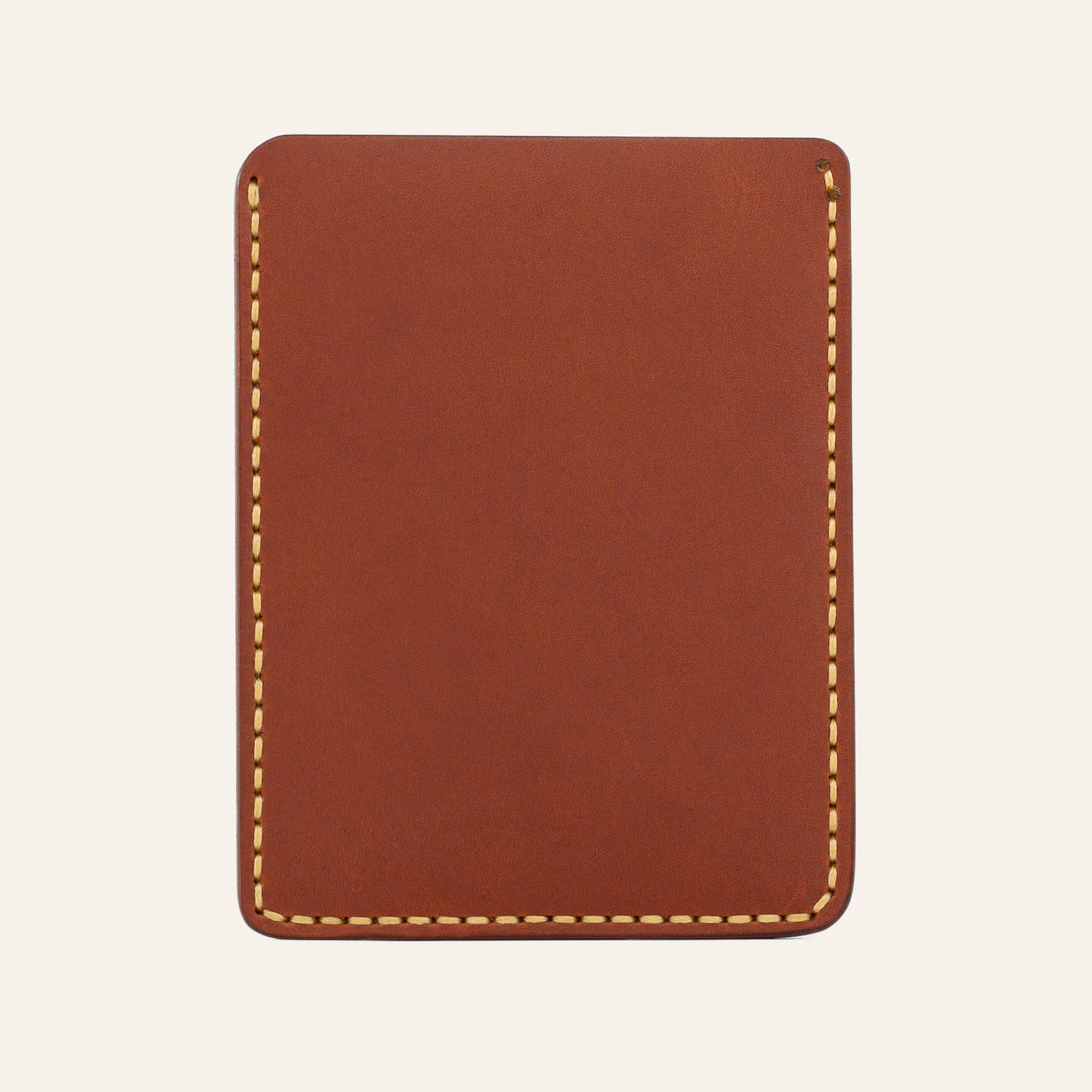 MZ Leather Craft kiremit rengi Buttero deri dikey kartlığın sarı el dikiş detaylarını gösteren arka yüzü