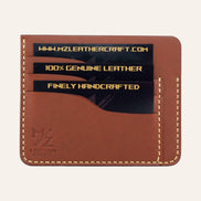MZ Leather Craft kiremit Buttero deri ters cüzdan, kartlarla dolu düz ön görünüm, 3 ön kart yuvası, sarı el dikişleri ve kabartmalı MZ logosu | The Inverse Wallet - Chestnut Buttero Leather by MZ Leather Craft, flat front view filled with cards, featuring 3 front card slots, yellow hand-stitching, and embossed MZ logo