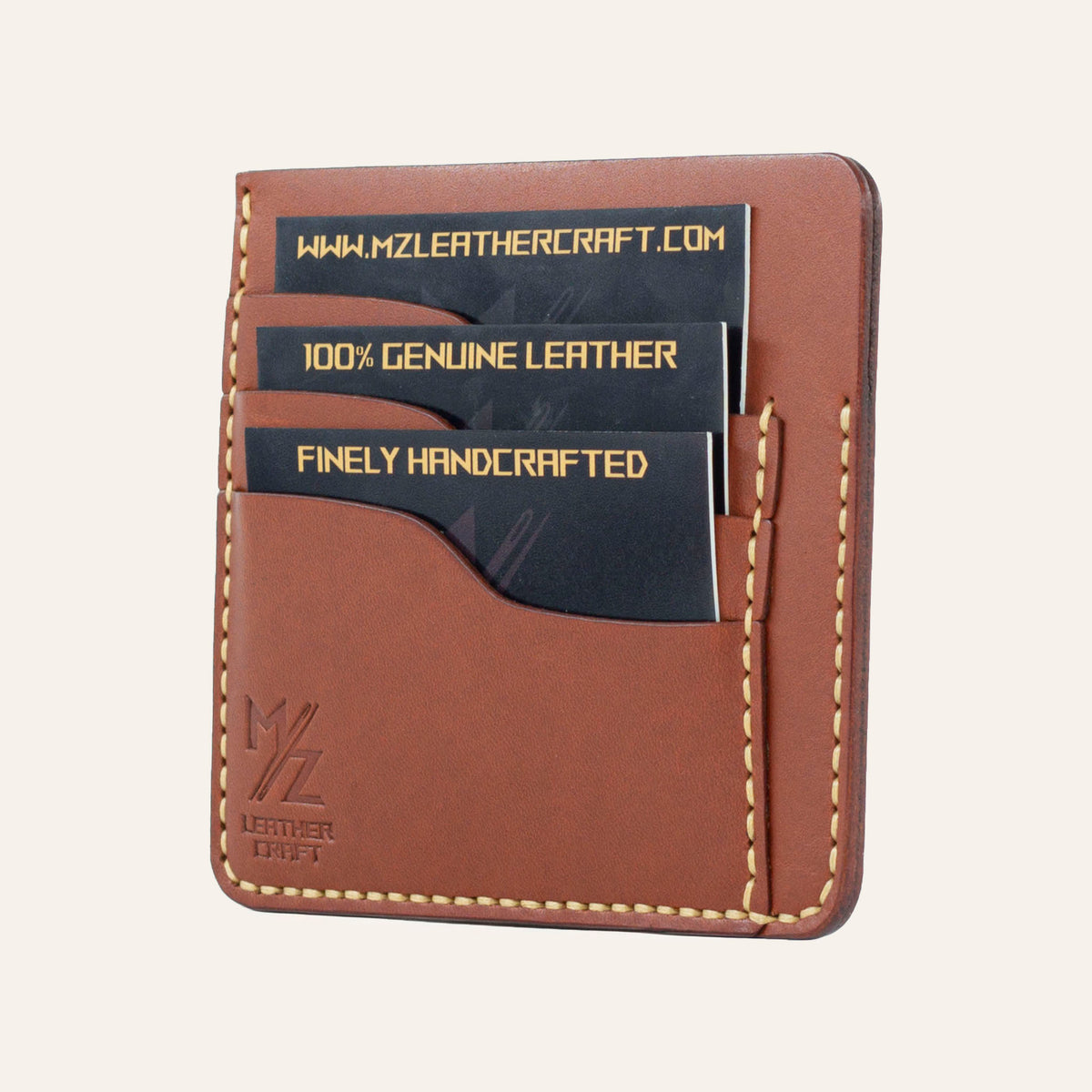 MZ Leather Craft kiremit Buttero deri ters cüzdan, kartlarla dolu hafif açılı sağ profil görünümü, sarı el dikişi kalitesi ve belirgin Buttero deri dokusu | The Inverse Wallet - Chestnut Buttero Leather by MZ Leather Craft, closed slightly angled right profile view filled with cards, highlighting yellow stitching quality and distinct Buttero leather texture