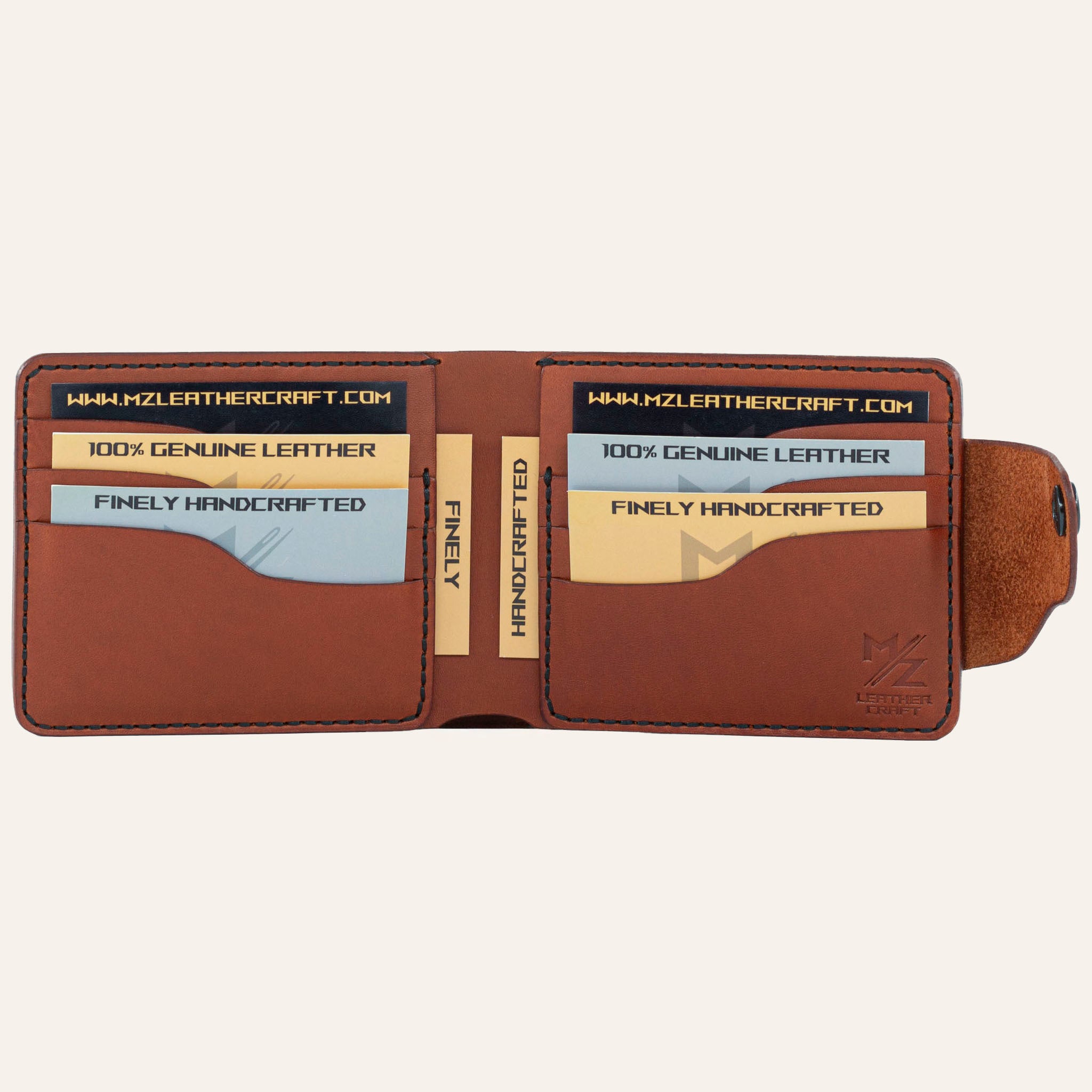 MZ Leather Craft açık kiremit Buttero deri klasik cüzdan dolu iç görünüm, altı kart yuvasının kapasitesini sample kartlarla gösteren çekim | MZ Leather Craft open Chestnut Buttero leather classic bifold wallet full interior view, demonstrating card capacity across six slots with black stitching