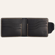 MZ Leather Craft açık siyah Buttero deri klasik cüzdan boş iç görünüm, altı kıvrımlı kart yuvası ve sarı saraç dikiş takviyeleri ile | MZ Leather Craft open Black Buttero leather classic bifold wallet empty interior view, showing six curved card slots and yellow saddle stitching details