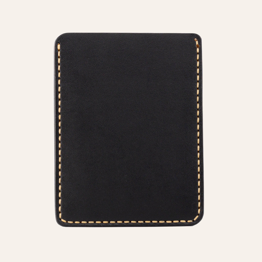 MZ Leather Craft siyah renk Buttero deri dikey kartlığın sarı el dikiş detaylarını gösteren arka yüzü