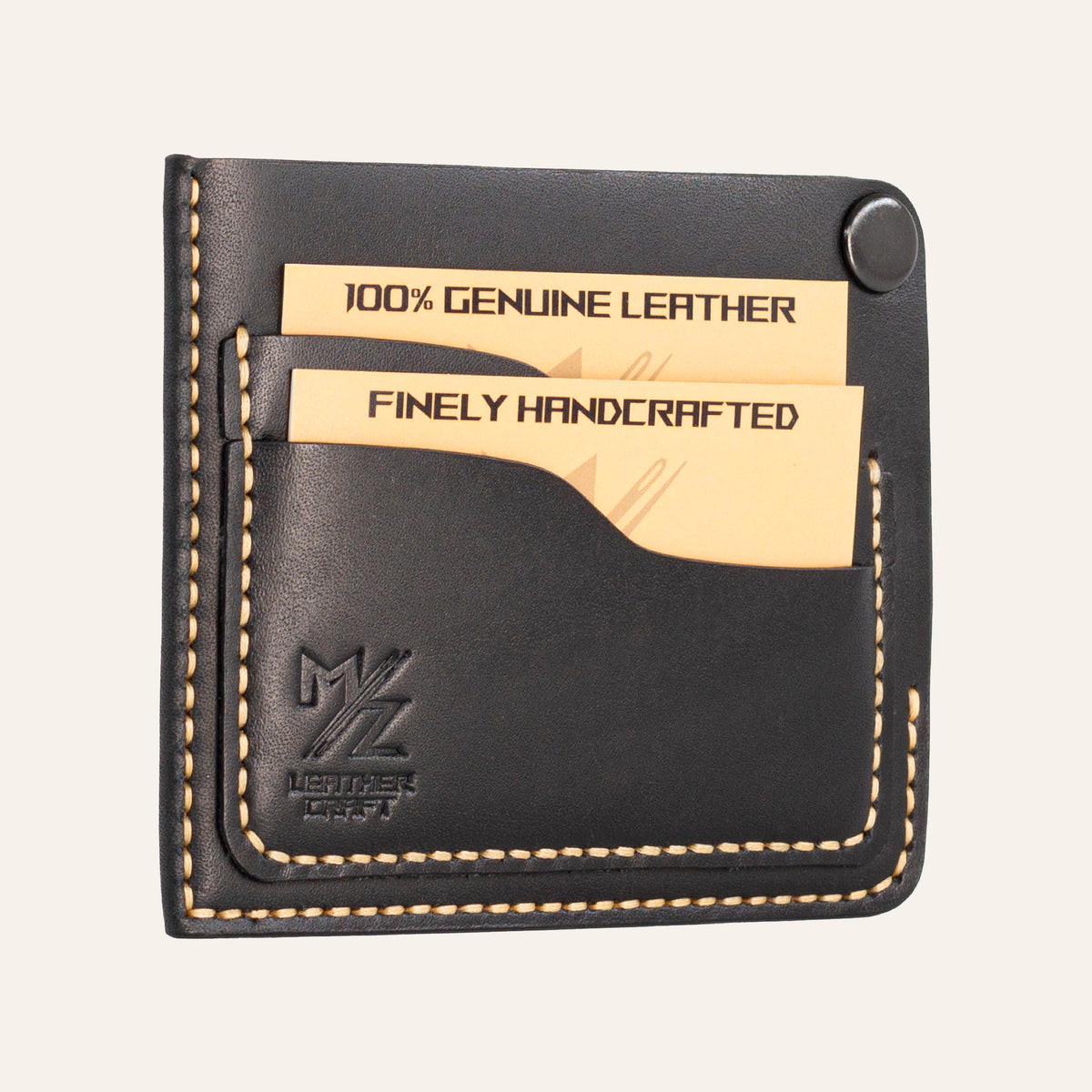 MZ Leather Craft köşe çıtçıtlı ters cüzdan siyah Buttero deri, kapalı hafif açılı sol profil görünümü, dolu kart yuvaları, sarı el dikişi ve pürüzsüz deri dokusu | The Inverse Wallet | Corner Snap Edition - Black Buttero Leather by MZ Leather Craft, closed slightly angled left profile view showing filled card slots, yellow saddle stitching, and smooth leather texture