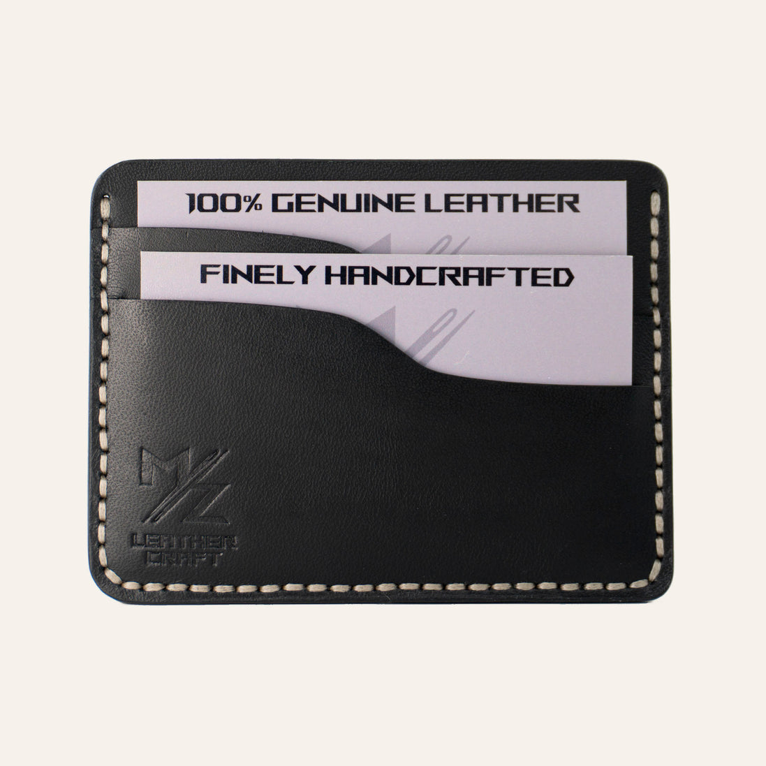 MZ Leather Craft Minimalist El Dikimi Kartlık - Buttero Deri Siyah - Açık Gri İplik