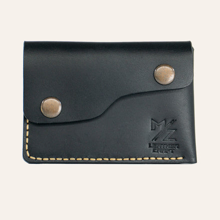 MZ Leather Craft Kapaklı Minimalist Cüzdan - Buttero Siyah - Sarı İplik