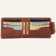 MZ Leather Craft açık kiremit Pueblo deri klasik cüzdan dolu iç görünüm, altı kart yuvasının kapasitesini sample kartlarla gösteren çekim | MZ Leather Craft open siena Pueblo leather classic bifold wallet full interior view, demonstrating card capacity across six slots with light gray stitching