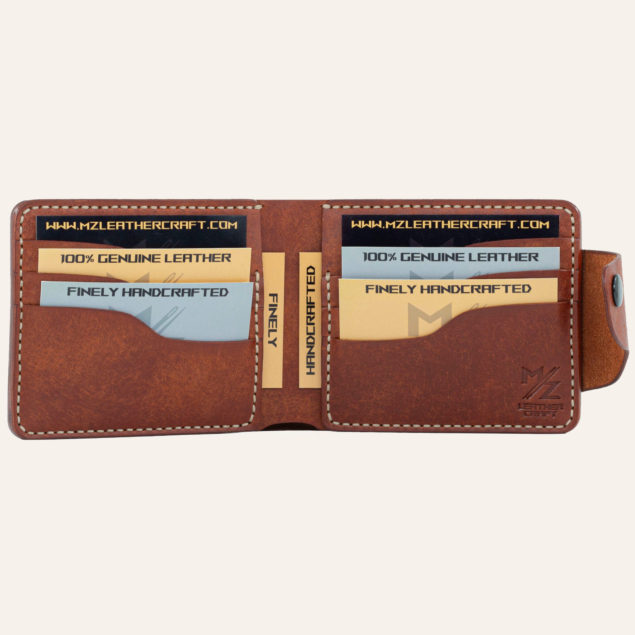 MZ Leather Craft açık kiremit Pueblo deri klasik cüzdan dolu iç görünüm, altı kart yuvasının kapasitesini sample kartlarla gösteren çekim | MZ Leather Craft open siena Pueblo leather classic bifold wallet full interior view, demonstrating card capacity across six slots with light gray stitching