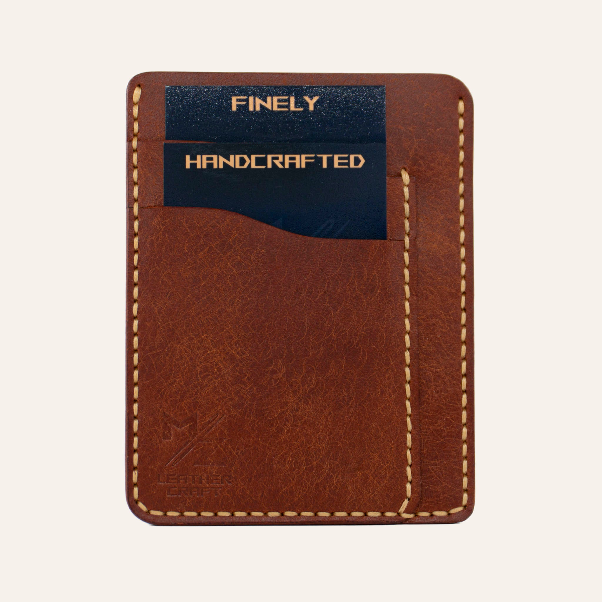 MZ Leather Craft kiremit rengi Pueblo deriden üretilmiş, sarı el dikişli Minimalist Dikey Kartlık