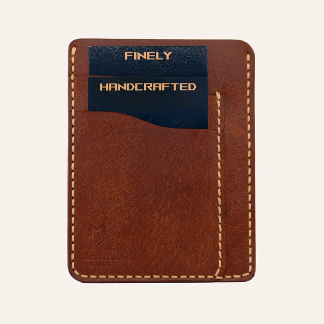 MZ Leather Craft kiremit rengi Pueblo deriden üretilmiş, sarı el dikişli Minimalist Dikey Kartlık
