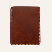 MZ Leather Craft kiremit rengi Pueblo deri dikey kartlığın sarı el dikiş detaylarını gösteren arka yüzü