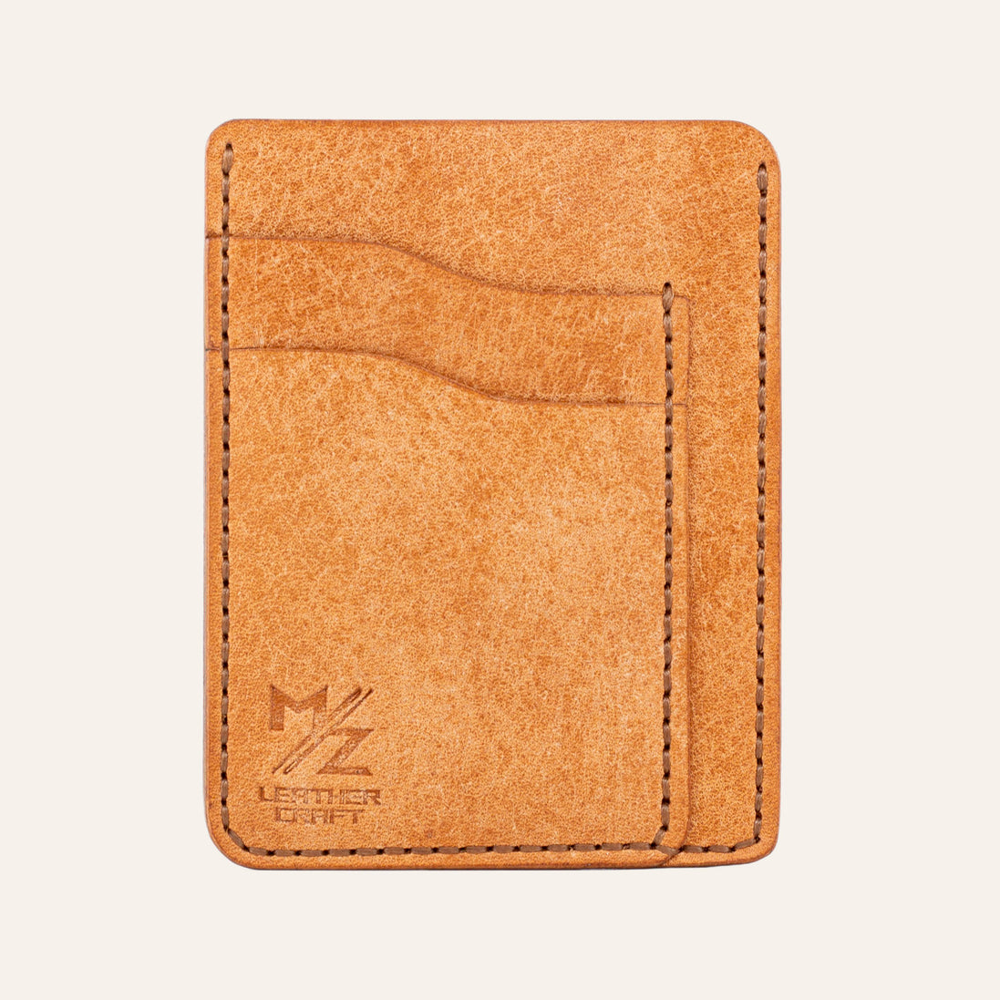 MZ Leather Craft natural renk Pueblo deri minimalist dikey kartlığın boş ön yüz görünümü.