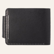 MZ Leather Craft çıtçıtlı siyah Pueblo deri klasik erkek cüzdanı arka görünüm, kapama dili bağlantısı ve kontrast gri el dikişi detayları | MZ Leather Craft classic black Pueblo leather bifold wallet back view, closure strap attachment and gray hand-stitching details