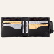 MZ Leather Craft açık siyah Pueblo deri klasik cüzdan dolu iç görünüm, altı kart yuvasının kapasitesini sample kartlarla gösteren çekim | MZ Leather Craft open black Pueblo leather classic bifold wallet full interior view, demonstrating card capacity across six slots with grey stitching