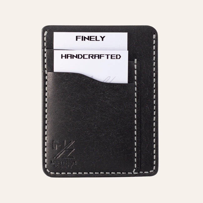 MZ Leather Craft siyah renk Pueblo deriden üretilmiş, gri el dikişli Minimalist Dikey Kartlık