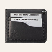 MZ Leather Craft köşe çıtçıtlı ters cüzdan siyah Pueblo deri, kapalı önden görünüm, iki adet dolu kart yuvası, siyah el dikişi ve kabartmalı MZ logosu | The Inverse Wallet | Corner Snap Edition - Black Pueblo Leather by MZ Leather Craft, closed front view with two filled card slots, black hand-stitching, and embossed MZ logo