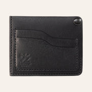 MZ Leather Craft köşe çıtçıtlı ters cüzdan siyah Pueblo deri, boş kart yuvalarını, kıvrımlı kesim hatlarını ve kapalı köşe çıtçıtını gösteren ön görünüm | The Inverse Wallet | Corner Snap Edition - Black Pueblo Leather by MZ Leather Craft, front view showing empty card slots, curved cut lines, and closed corner snap