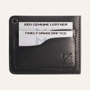 MZ Leather Craft köşe çıtçıtlı ters cüzdan siyah Pueblo deri arka yüz görünümü, tanıtım kartlarıyla dolu kıvrımlı kart yuvaları ve açık çıtçıt detayı | The Inverse Wallet | Corner Snap Edition - Black Pueblo Leather by MZ Leather Craft back face view, showcasing curved card slots filled with sample cards and open snap detail