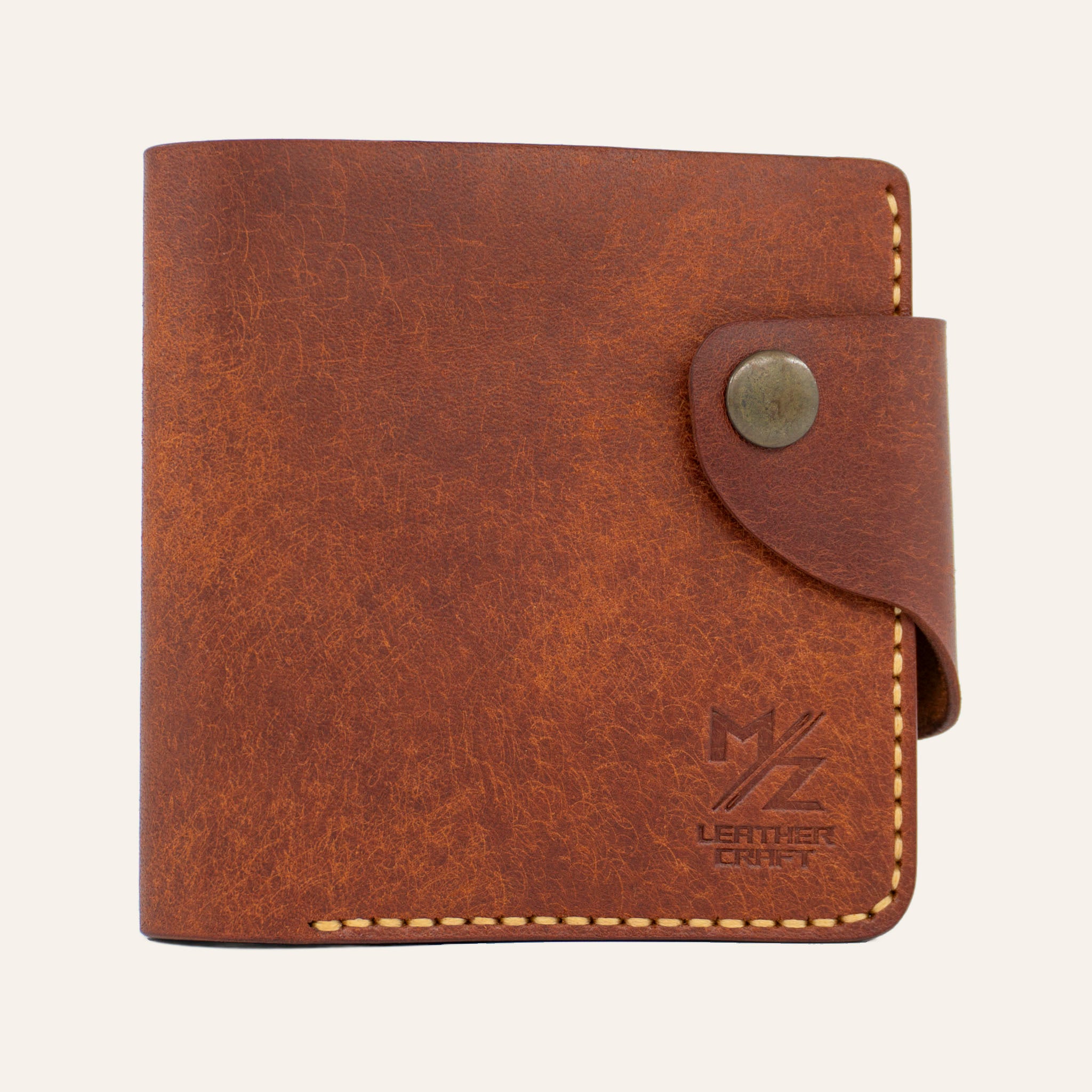 MZ Leather Craft Klasik Cüzdan Kiremit Pueblo Deri - Yatay Kart Bölmeli - Sarı İplik