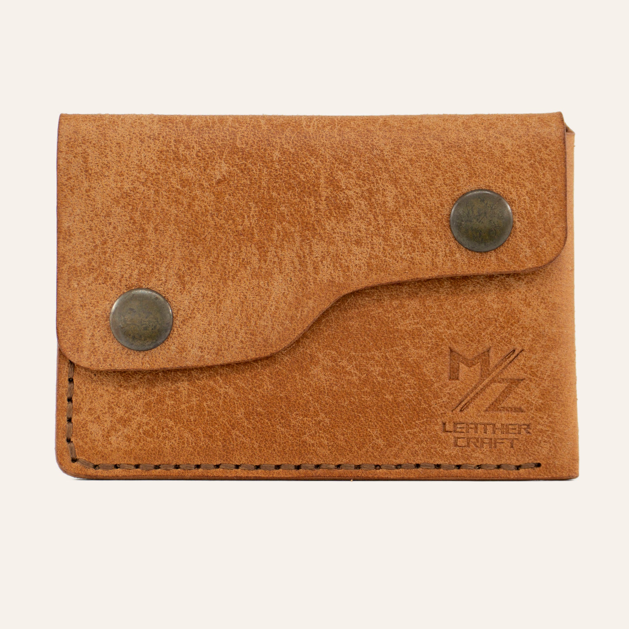 MZ Leather Craft Kapaklı Minimalist Cüzdan - Pueblo Natural - Kahverengi İplik