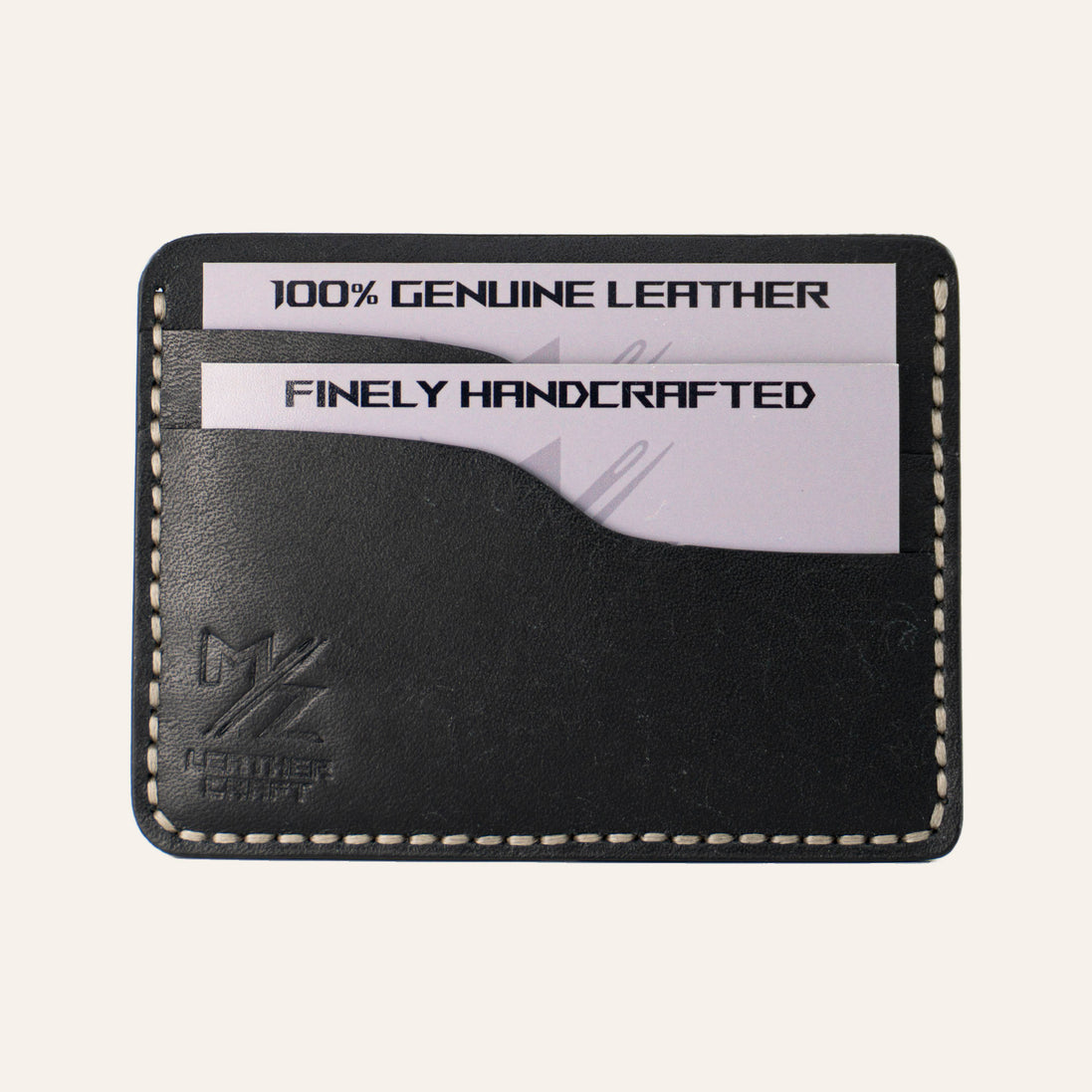 MZ Leather Craft Minimalist El Dikimi Kartlık - Pueblo Deri Siyah - Açık Gri İplik