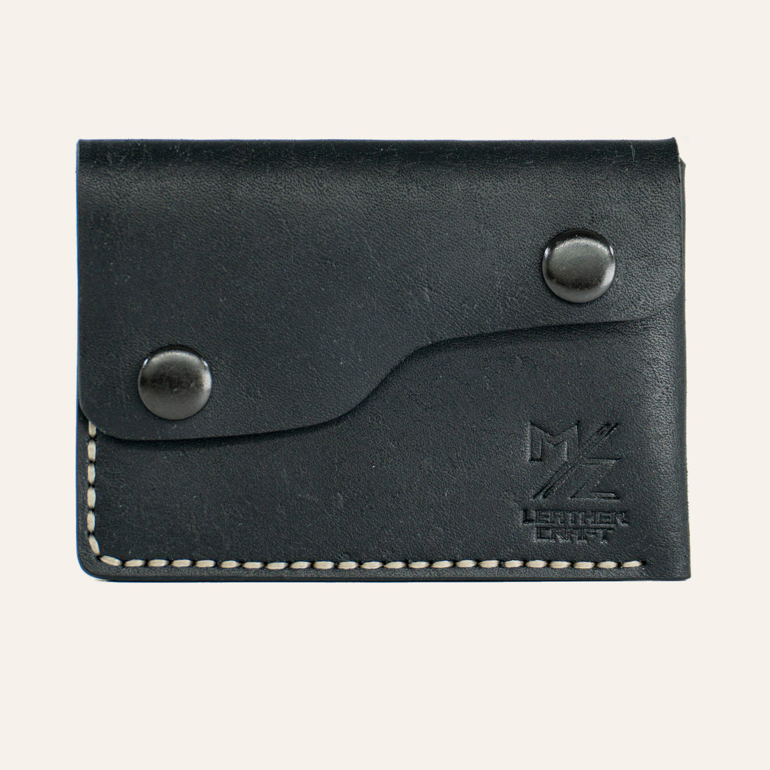 MZ Leather Craft Kapaklı Minimalist Cüzdan - Pueblo Siyah - Açık Gri İplik