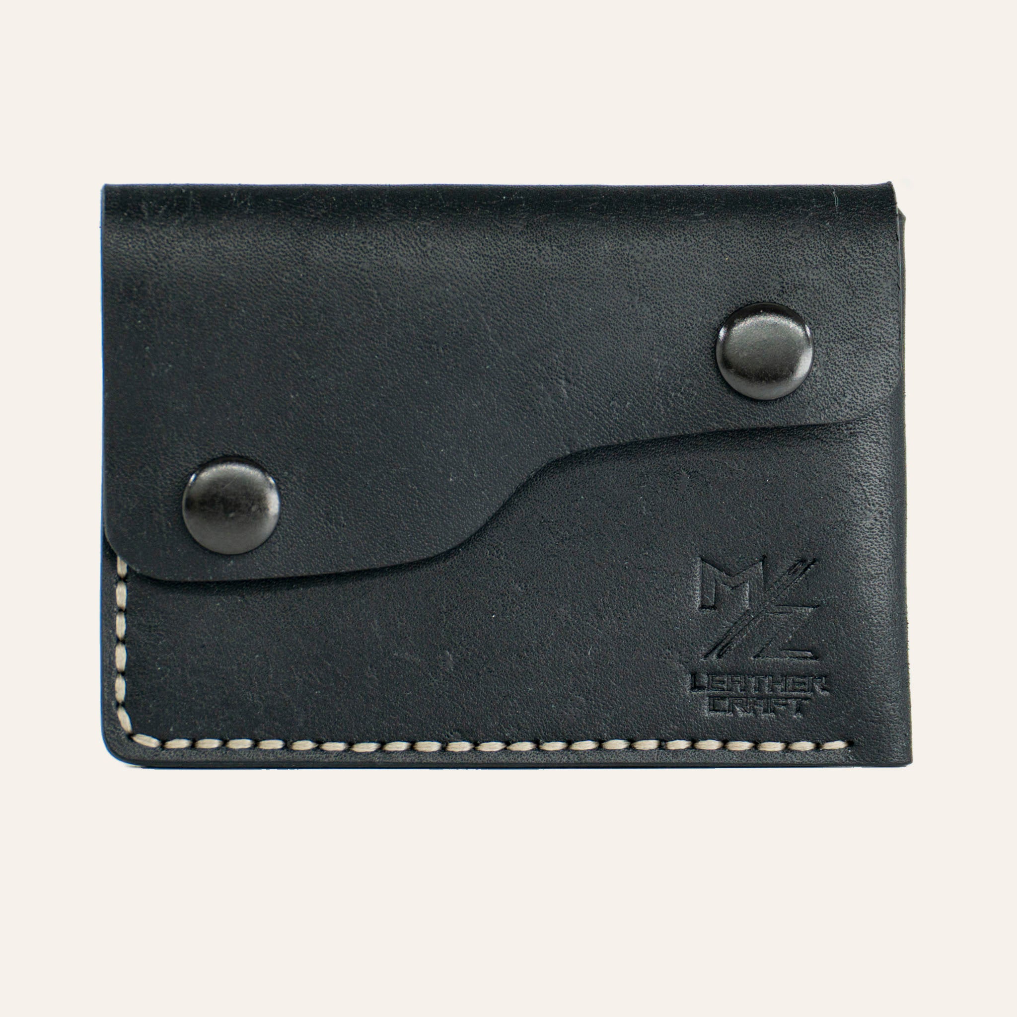MZ Leather Craft Kapaklı Minimalist Cüzdan - Pueblo Siyah - Açık Gri İplik