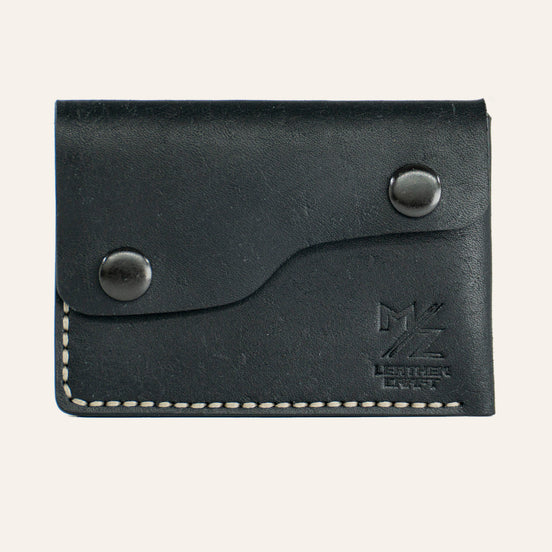 MZ Leather Craft Kapaklı Minimalist Cüzdan - Pueblo Siyah - Açık Gri İplik